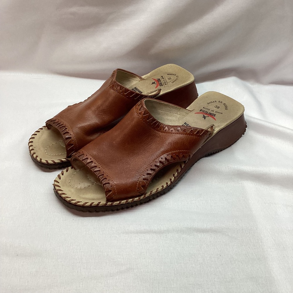 Pikolinos Brown Leather Whipstitch Wedge Slide Sandals Spain Womens 38 US 7.5